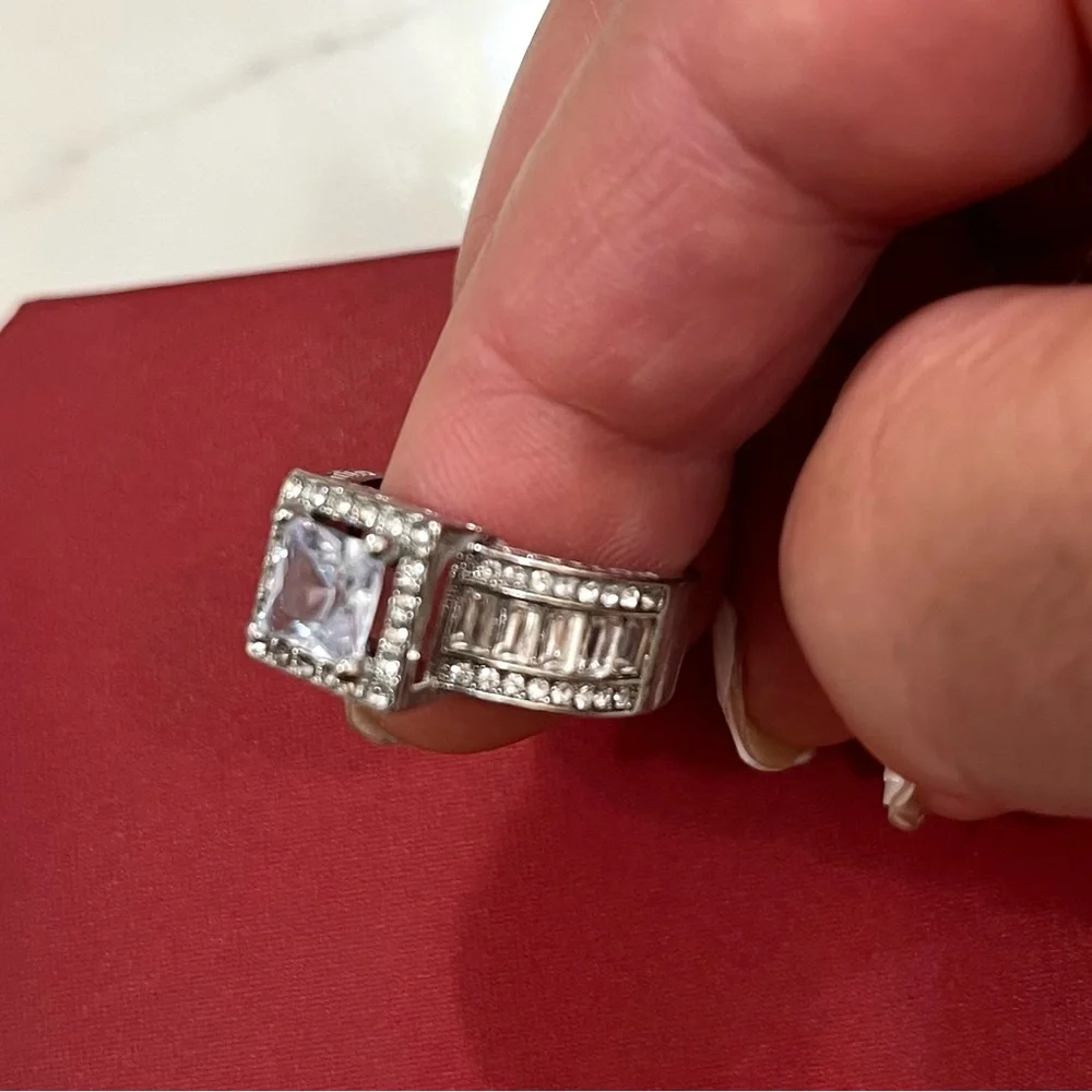 Square Halo Cubic Zirconia Statement Ring in Silver-Tone